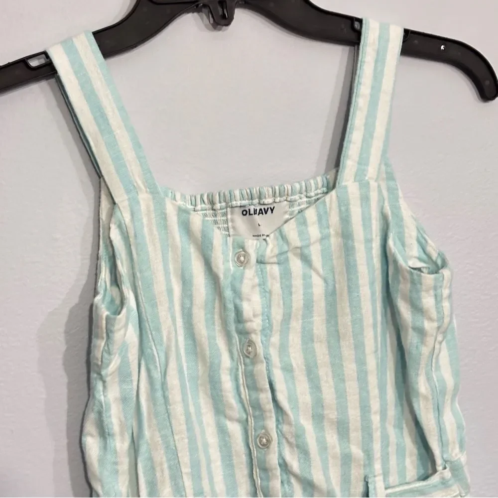 Old Navy | Girls Linen Striped Blue White Button Down Romper Jumpsuit Size L